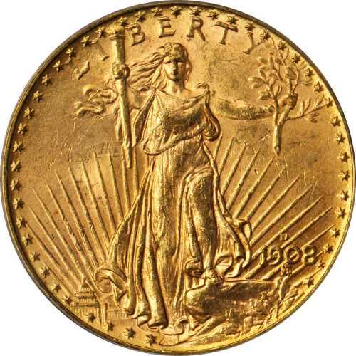 1908-D Saint-Gaudens Double Eagle. No Motto. MS-63 (PCGS). CAC.