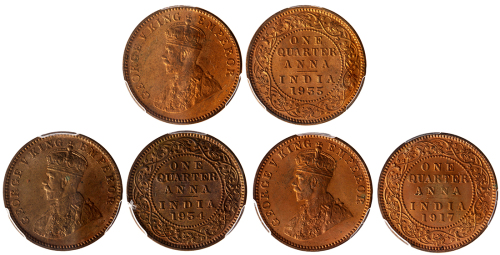 印度辅币1/4安娜3枚一组，包括1917，34及35年，均评PCGS MS65RD, 一组高评级钱币