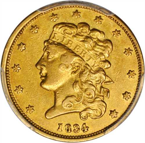 1834 Classic Head Half Eagle. McCloskey-2. Second Head, Small Plain 4. AU Details--Cleaned (PCGS).