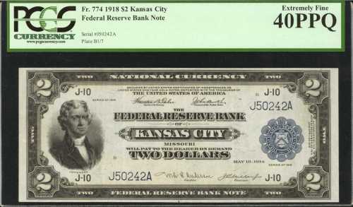 Fr. 774. 1918 $2 Federal Reserve Bank Note. Kansas City. PCGS Extremely Fine 40 PPQ.