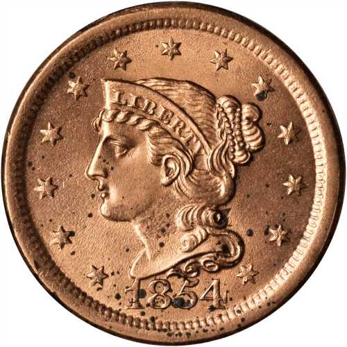 1854 Braided Hair Cent. N-7. Rarity-2. MS-60 Altered Surfaces.