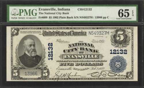 Fr. 609. Evansville, Indiana. 1902 $5 Plain Back. The National City Bank of Evansville. Charter #121