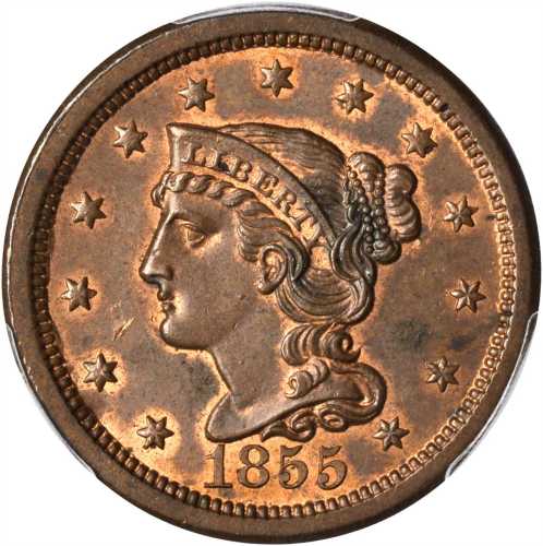 1855 Braided Hair Cent. N-4. Rarity-1. Upright 5s. MS-63 RB (PCGS).