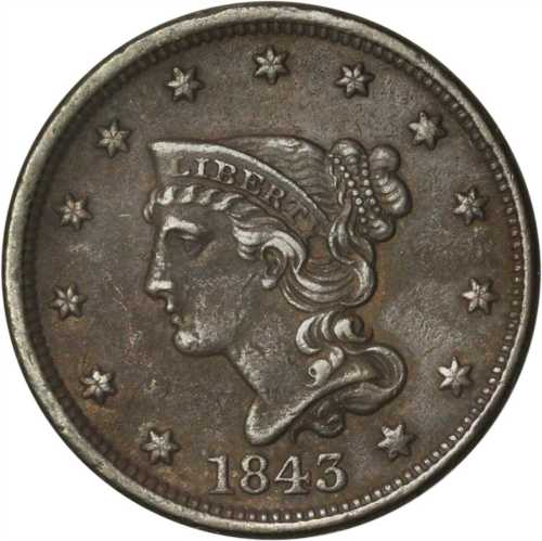 Lot of (5) 1843 Braided Hair Cents.