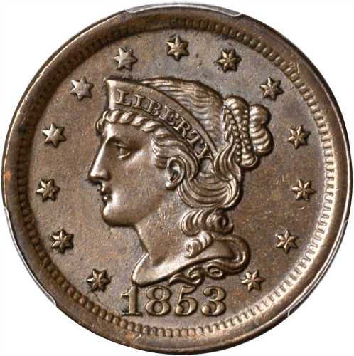 1853 Braided Hair Cent. N-17. Rarity-2. MS-64 BN (PCGS).