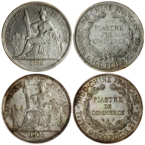法属安南1元银币2枚一组，1886A及1906A，分别评PCGS AU Details 有清洗及MS61