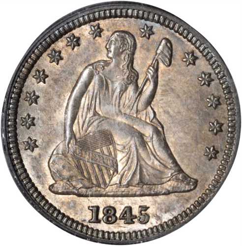 1845 Liberty Seated Quarter. Repunched Date, Large 5/Small 5. MS-64 (PCGS). CAC.