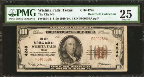 Wichita Falls, Texas. $100 1929 Ty. 1. Fr. 1804-1. The City NB. Charter #4248. PMG Very Fine 25.