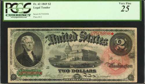 Fr. 42. 1869 $2 Legal Tender Note. PCGS Very Fine 25.