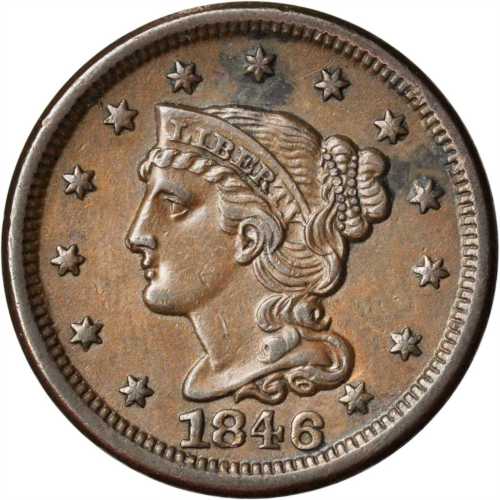 1846 Braided Hair Cent. N-8. Rarity-1. Small Date. EF-40 Wiped.
