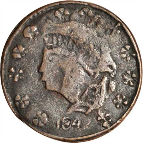 1842 12 Stars Large Cent. Rarity-9 (Unique). Very Fine. 9.04 grams, 29.5mm.