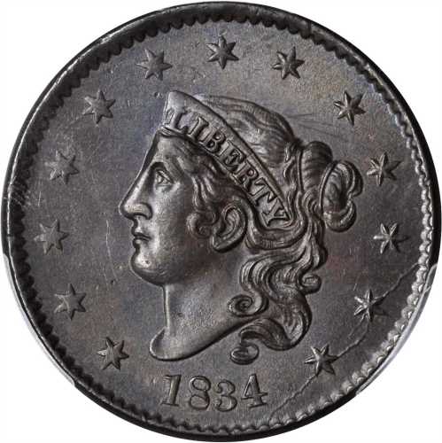 1834 Matron Head Cent. N-3. Rarity-1. Large 8, Small Stars, Medium Letters. MS-63 BN (PCGS).