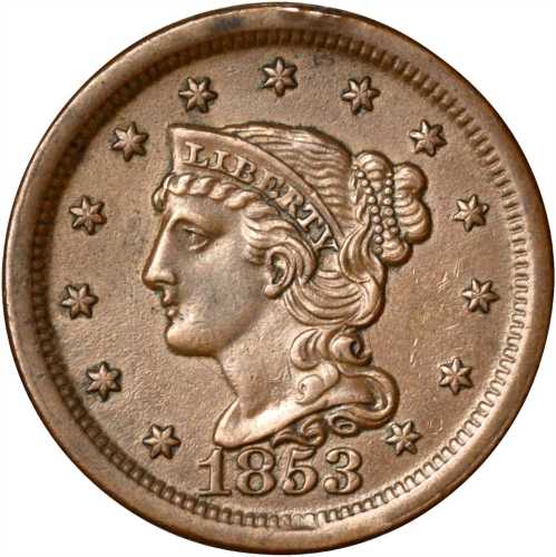 Lot of (5) 1853 Braided Hair Cents.