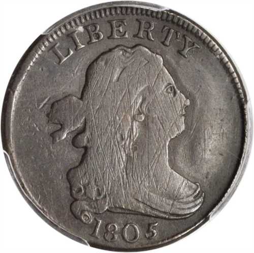 1805 Draped Bust Half Cent. C-3. Rarity-4. Small 5, Stems to Wreath. Fine Details--Graffiti (PCGS).