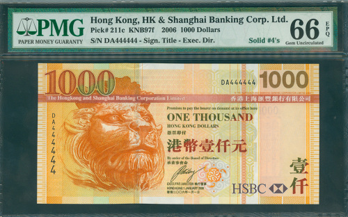 2006年汇丰银行1000元，趣味号DA444444, PMG66EPQ