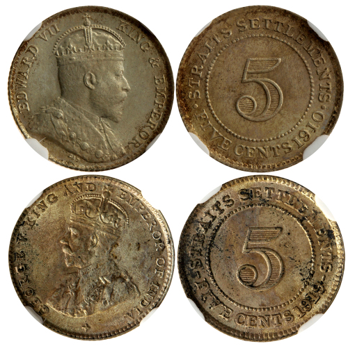 海峡殖民地5分银币2枚一组，包括1910-B及1919年，均评NGC MS64