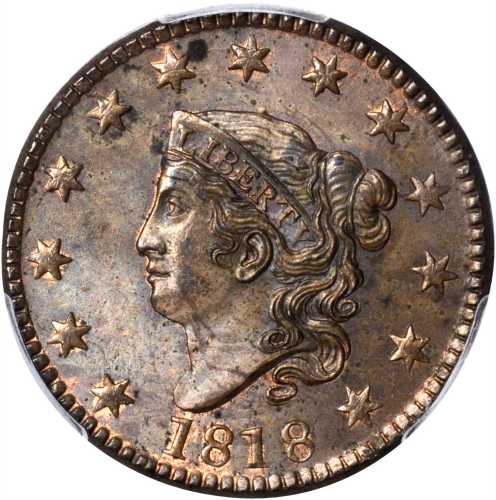 1818 Matron Head Cent. N-7. Rarity-1. MS-63 BN (PCGS).