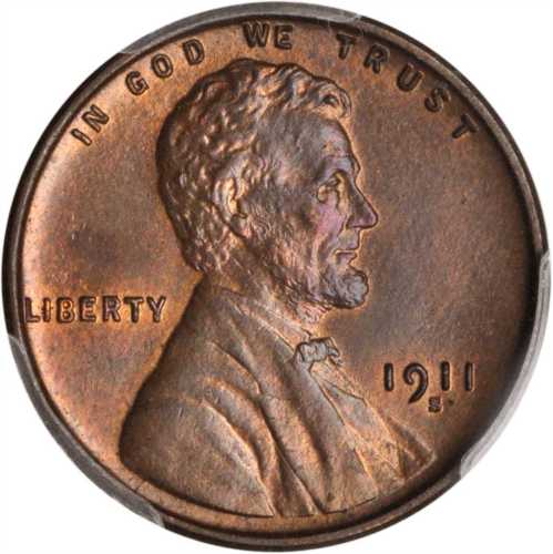 1911-S Lincoln Cent. MS-64 BN (PCGS).