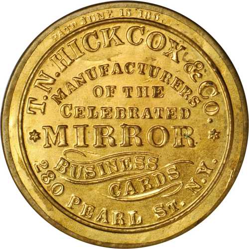 New York, New York. T.N. Hickcox & Co. Mirror. Bowers NY-6388. Gilt brass. 38 mm. Very Choice About 