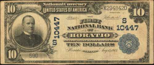 Horatio, Arkansas. $10 1902 Plain Back. Fr. 630. The First NB. Charter #10447. Fine.