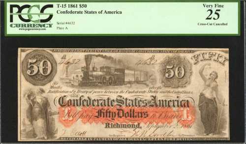 T-15. Confederate Currency. 1861 $50. PCGS Very Fine 25. Cross Cut Cancelled.