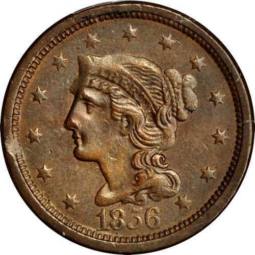 1856 Braided Hair Cent. N-16, 15. Rarity-2. Slanting 5. AU-58 (PCGS).