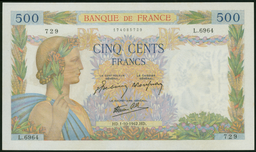 1942年法国银行500法郎，编号L.6964 729, PMG 64