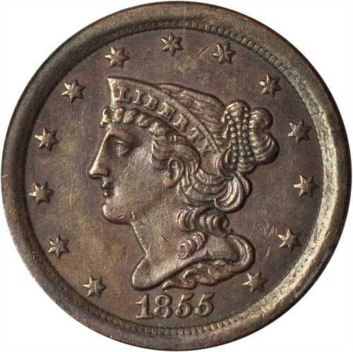 1855 Braided Hair Half Cent. C-1, the only known dies. Rarity-1. AU-55 (ANACS).