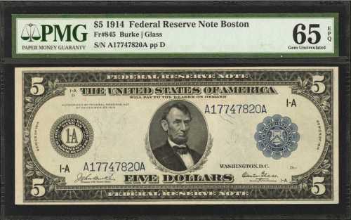 Fr. 845. 1914 $5 Federal Reserve Note. Boston. PMG Gem Uncirculated 65 EPQ.