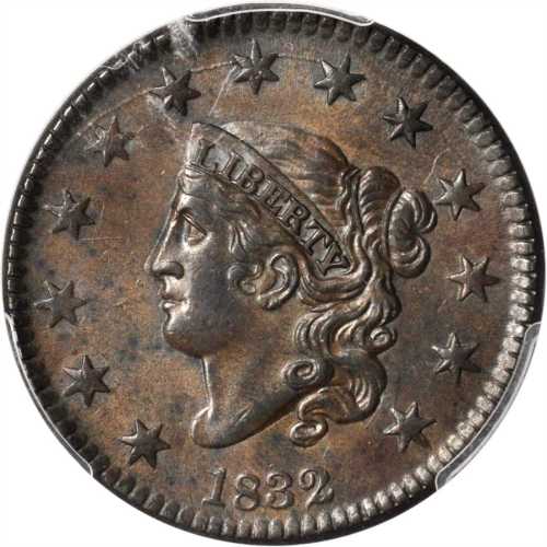 1832 Matron Head Cent. N-2. Rarity-3. Medium Letters. MS-61 BN (PCGS).