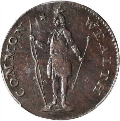 1787 Massachusetts Cent. Ryder 4-D, W-6110. Rarity-3+. Arrows in Left Talon, Bowed Head. AU-53 (PCGS