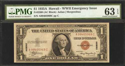 Fr. 2300. 1935A $1 Hawaii Emergency Note. PMG Choice Uncirculated 63 EPQ.