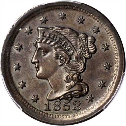 1852 Braided Hair Cent. N-7. Rarity-1. Repunched Date. MS-63 BN (PCGS).