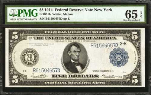 Fr. 851b. 1914 $5 Federal Reserve Note. New York. PMG Gem Uncirculated 65 EPQ.