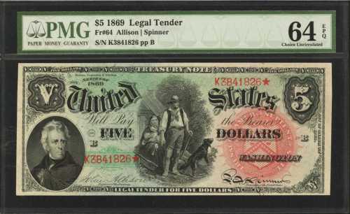 Fr. 64. 1869 $5 Legal Tender Note. PMG Choice Uncirculated 64 EPQ.