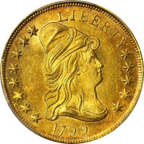 1799 Capped Bust Right Eagle. BD-2, Taraszka-14. Rarity-5+. Small Obverse Stars. MS-63 (PCGS). Gold 