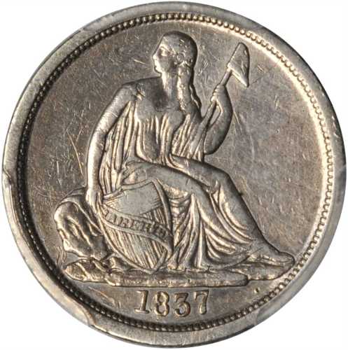 1837 Liberty Seated Dime. No Stars. Fortin-101a. Rarity-2. Large Date, Repunched Date. EF Details--C
