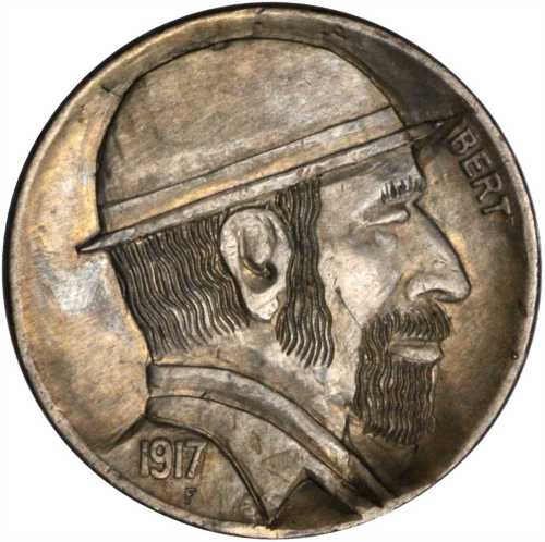 1917 Man with Goatee, Hat and Collar. By Bert. Host coin Extremely Fine.