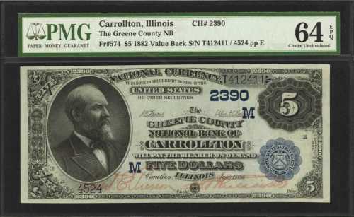 Fr. 574. Carrollton, Illinois. 1882 $5 Value Back. The Greene County National Bank of Carrollton. Ch