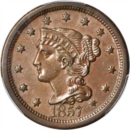 1857 Braided Hair Cent. N-1. Rarity-1. Large Date, Misplaced Date. AU-58 (PCGS).
