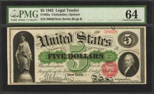 Fr. 63a. 1863 $5 Legal Tender Note. No. 38028. Plate B. PMG Choice Uncirculated 64.