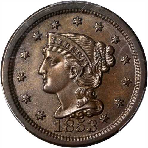 1853 Braided Hair Cent. N-20. Rarity-3. Repunched Date. MS-63 BN (PCGS).