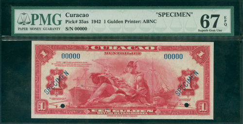 1942年库拉索岛1盾样钞，PMG67EPQ