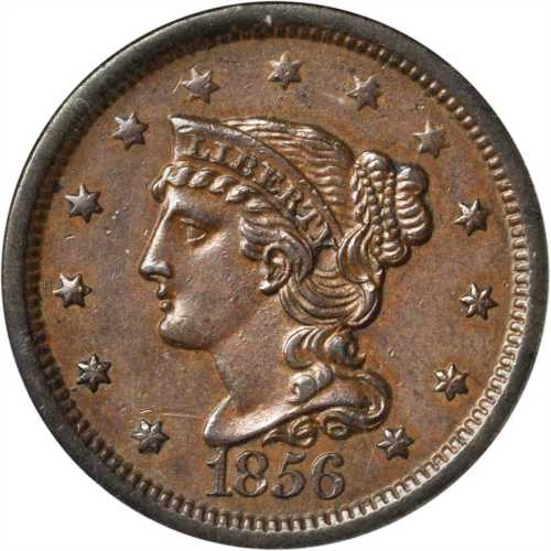1856 Braided Hair Cent. N-2. Rarity-1. Slanting 5. AU-55 (ANACS).