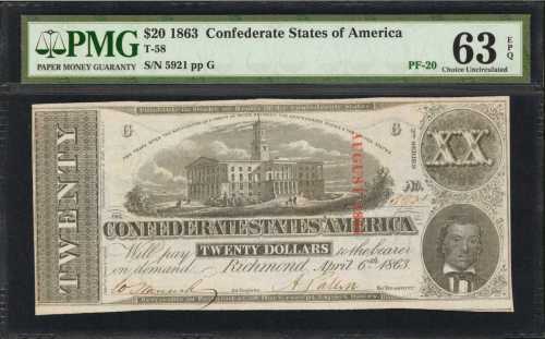 T-58. Confederate Currency. 1863 $20. PMG Choice Uncirculated 63.