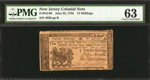 NJ-96. New Jersey. June 22, 1756. 12 Shillings. PMG Choice Uncirculated 63.