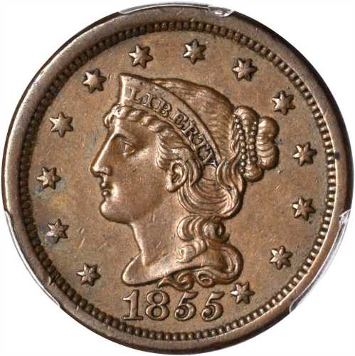 1855 Braided Hair Cent. N-9. Rarity-1. Slanting 5s, Knob on Ear. AU-55 (PCGS).