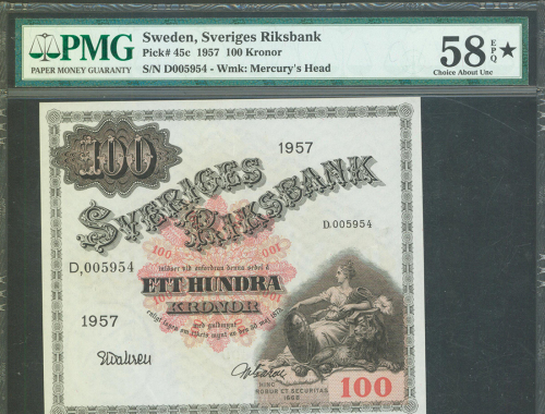 1957年瑞典银行100克朗，编号D005954，PMG58EPQ*