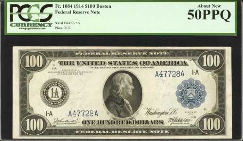 Fr. 1084. 1914 $100 Federal Reserve Note. Boston. PCGS About New 50 PPQ.