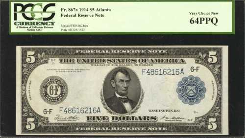 Fr. 867a. 1914 $5 Federal Reserve Note. Atlanta. PCGS Very Choice New 64 PPQ.